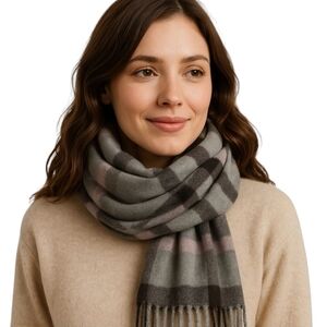 V Fraas Cashmink German Made Grey Plaid Fringe Scarf Soft Winter Wrap
